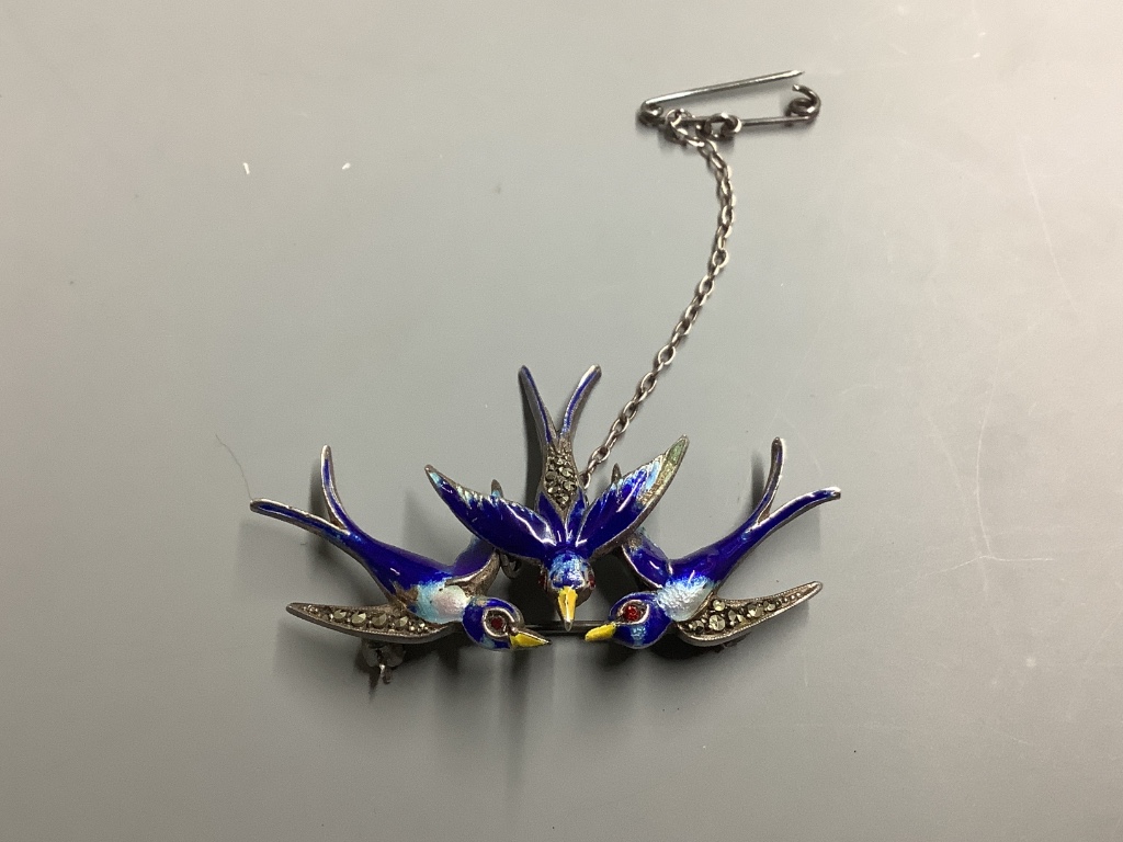 Two Norwegian 925 and enamel bracelets largest 19cm and a similar 'Swallow' brooch.